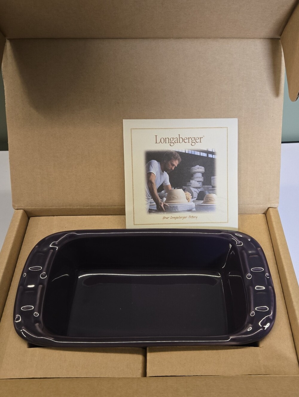 NIB Longaberger Pottery Woven Traditions Eggplant Purple Small Loaf Dish - New